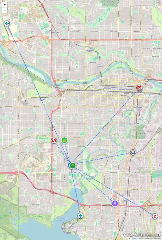 Daily accessibility map for 1927 46 AV SW, Calgary showing nearby schools, grocery stores, parks, LRT stations and nearby amenities