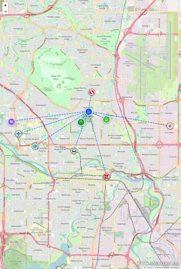 Daily accessibility map for 77 HENDON DR NW, Calgary showing nearby schools, grocery stores, parks, LRT stations and nearby amenities
