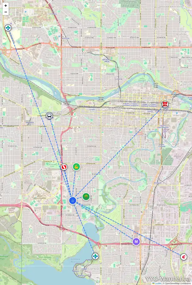 Daily accessibility map for 4920 21 ST SW, Calgary showing nearby schools, grocery stores, parks, LRT stations and nearby amenities