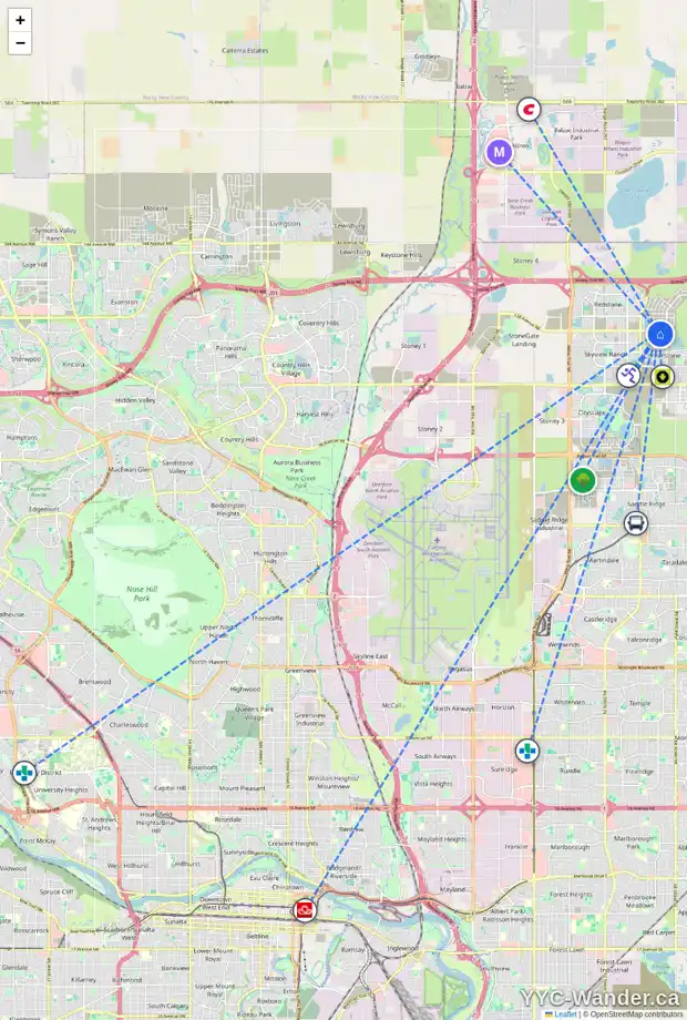 Daily accessibility map for 6425 128 AV NE, Calgary showing nearby schools, grocery stores, parks, LRT stations and nearby amenities