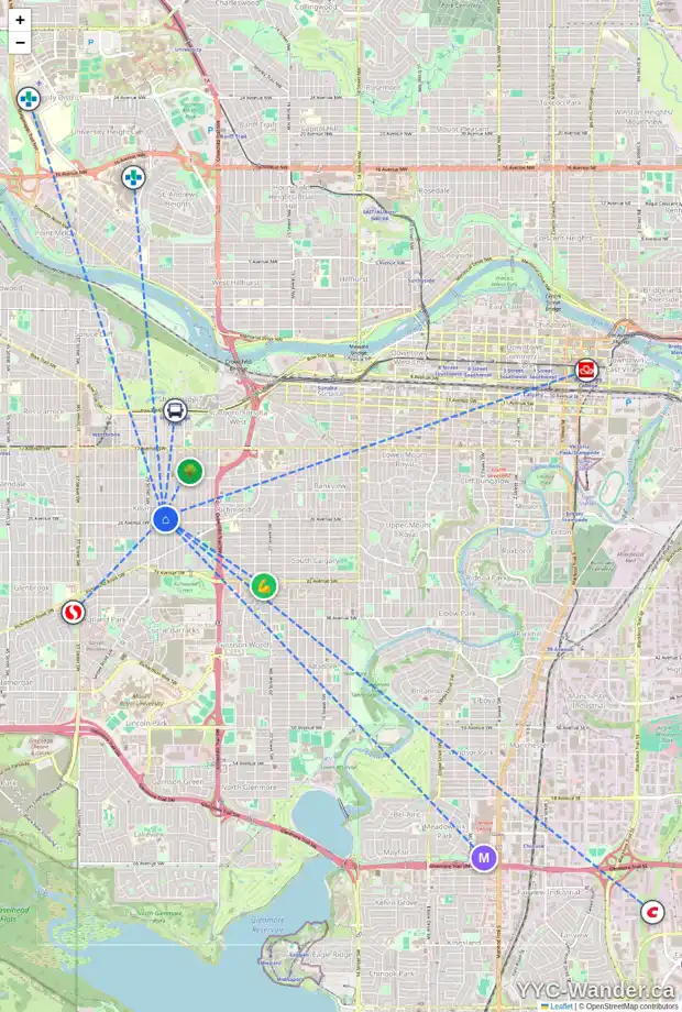 Daily accessibility map for 2625A 27 ST SW, Calgary showing nearby schools, grocery stores, parks, LRT stations and nearby amenities