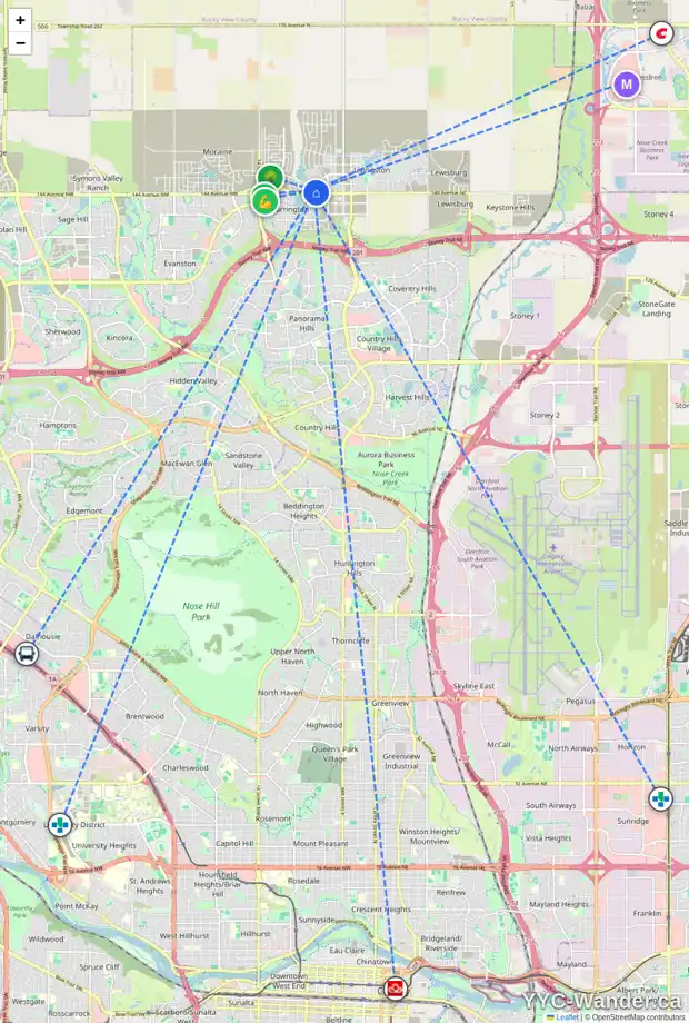 Daily accessibility map for 22 LUCAS WY NW, Calgary showing nearby schools, grocery stores, parks, LRT stations and nearby amenities