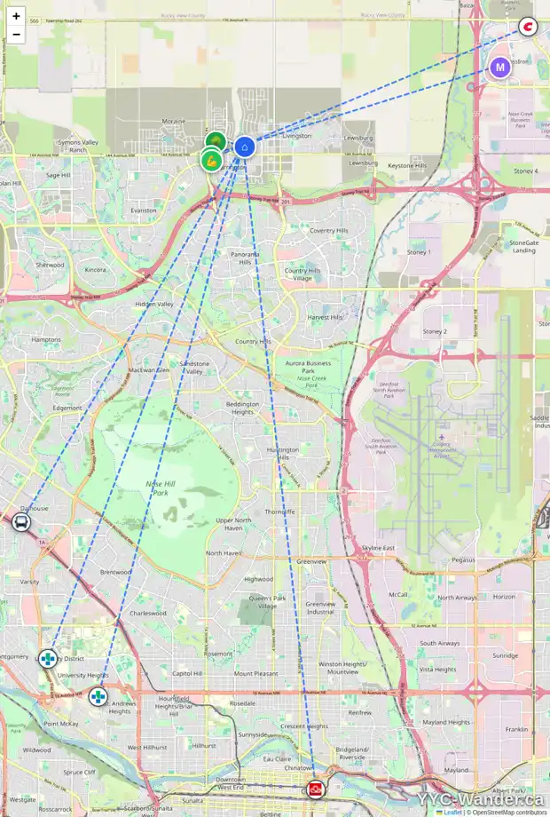 Daily accessibility map for 13 LUCAS CV NW, Calgary showing nearby schools, grocery stores, parks, LRT stations and nearby amenities