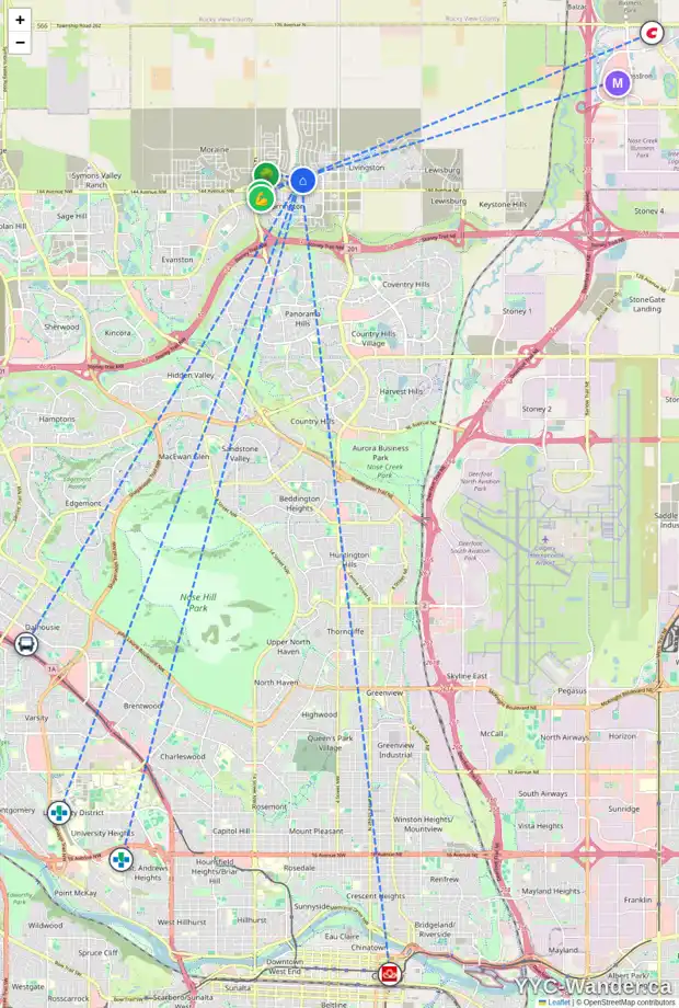 Daily accessibility map for 21 LUCAS CV NW, Calgary showing nearby schools, grocery stores, parks, LRT stations and nearby amenities