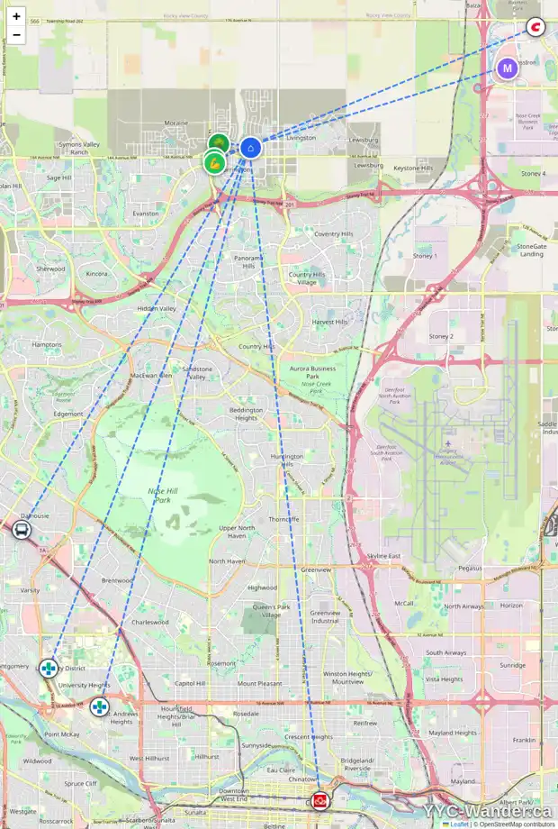 Daily accessibility map for 46 LUCAS CV NW, Calgary showing nearby schools, grocery stores, parks, LRT stations and nearby amenities