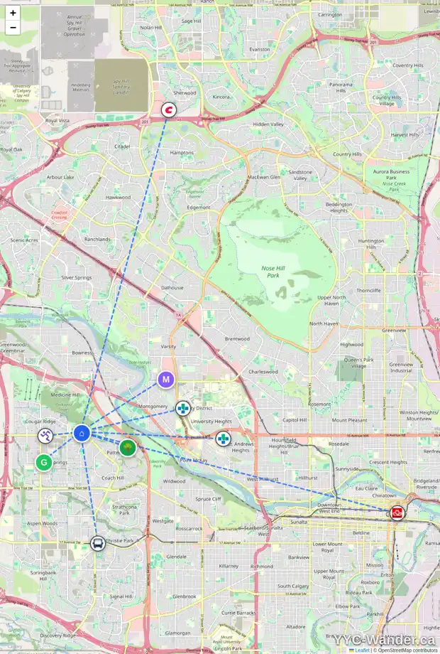 Daily accessibility map for 95 COULEE CR SW, Calgary showing nearby schools, grocery stores, parks, LRT stations and nearby amenities