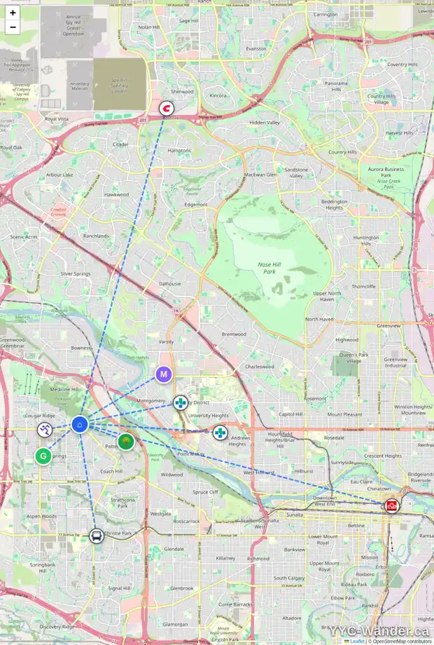 Daily accessibility map for 16 COULEE CR SW, Calgary showing nearby schools, grocery stores, parks, LRT stations and nearby amenities