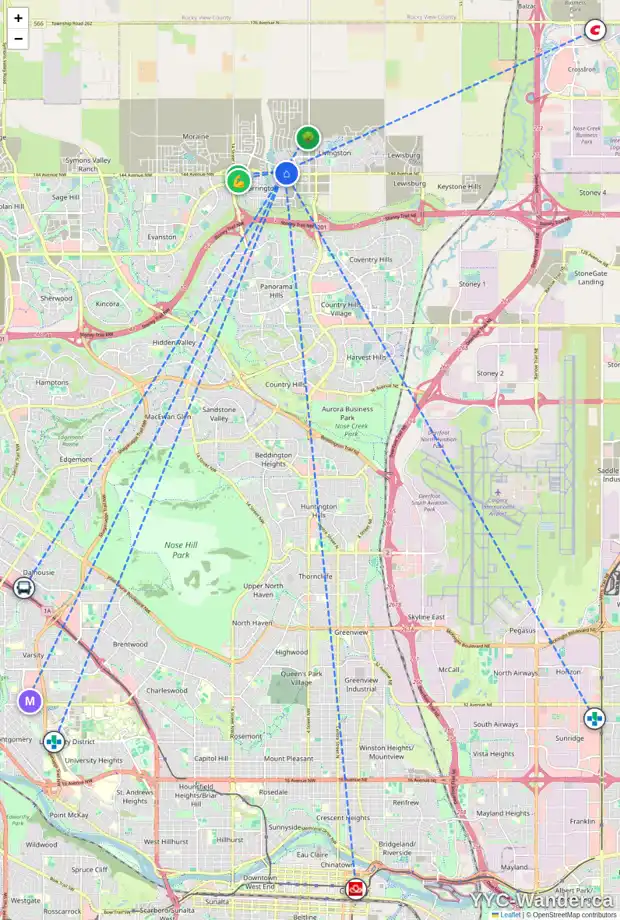 Daily accessibility map for 186 LUCAS CR NW, Calgary showing nearby schools, grocery stores, parks, LRT stations and nearby amenities