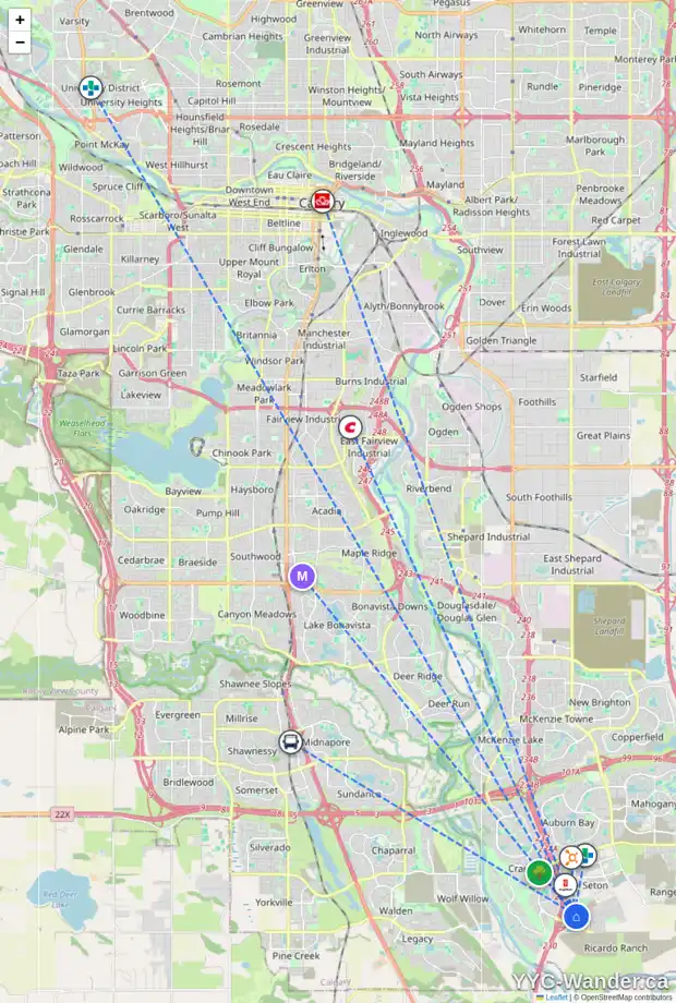 Daily accessibility map for 36 SETON GD SE, Calgary showing nearby schools, grocery stores, parks, LRT stations and nearby amenities