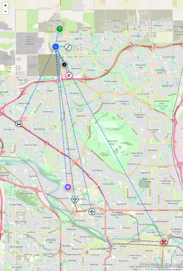 Daily accessibility map for 113 NOLANCREST CM NW, Calgary showing nearby schools, grocery stores, parks, LRT stations and nearby amenities
