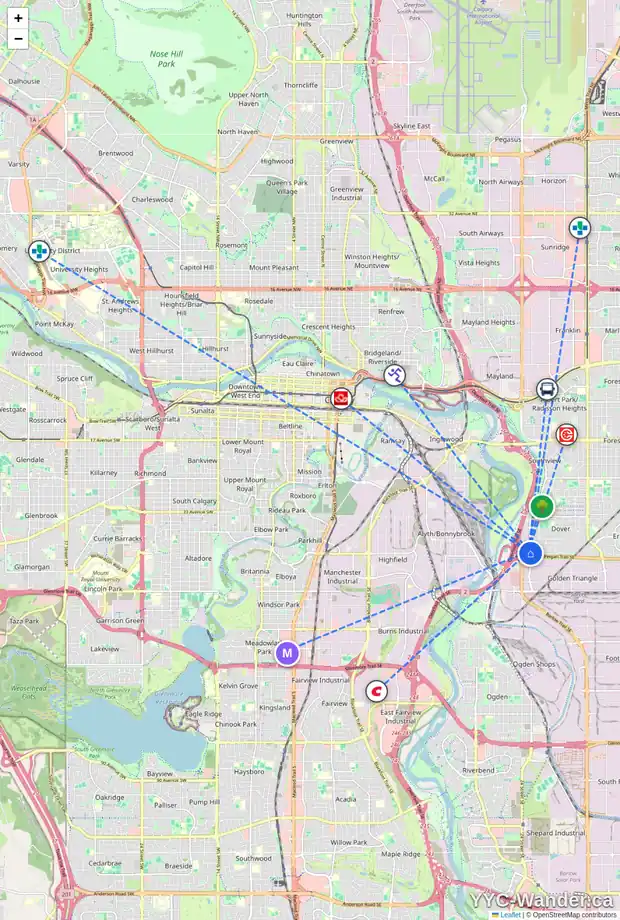 Daily accessibility map for 15 DOVERGLEN CO SE, Calgary showing nearby schools, grocery stores, parks, LRT stations and nearby amenities