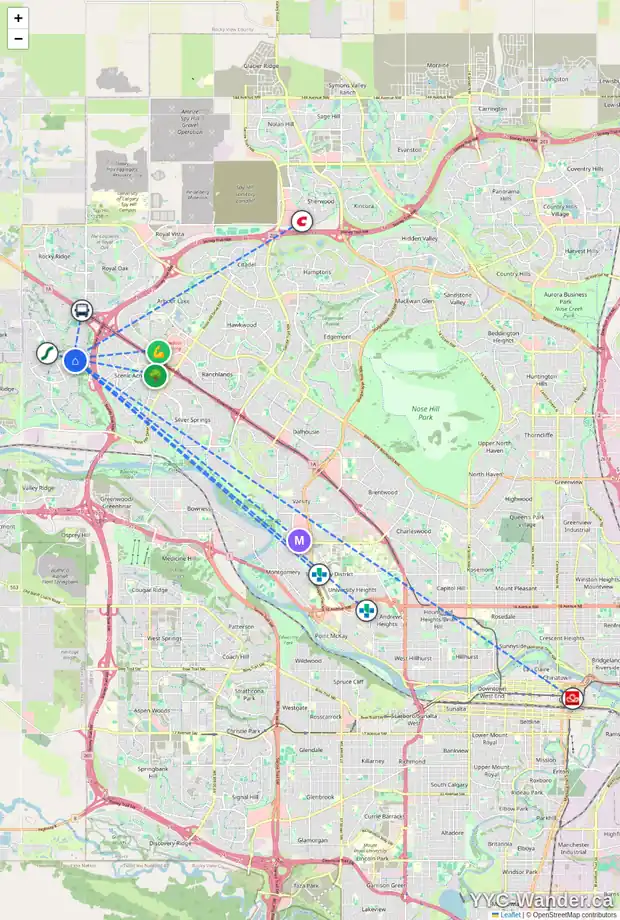 Daily accessibility map for 66 TUSCANY HILLS PT NW, Calgary showing nearby schools, grocery stores, parks, LRT stations and nearby amenities