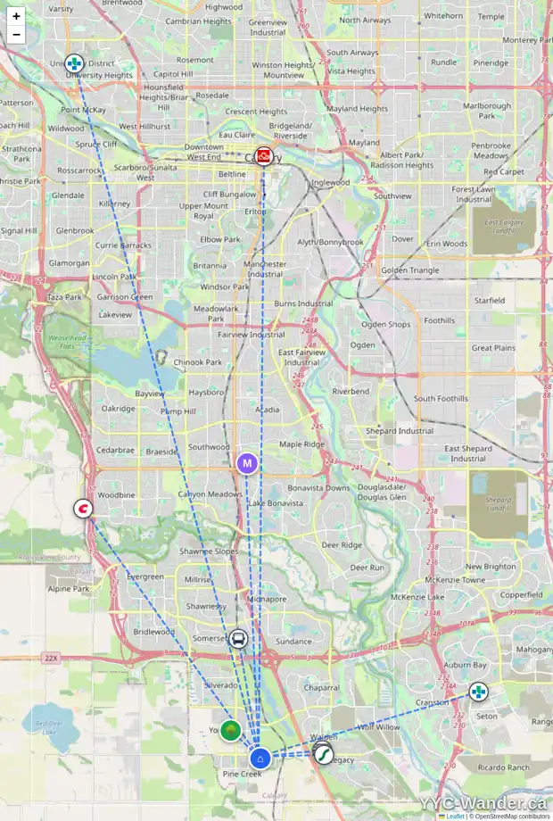 Daily accessibility map for 33 CREEKSIDE BV SW, Calgary showing nearby schools, grocery stores, parks, LRT stations and nearby amenities