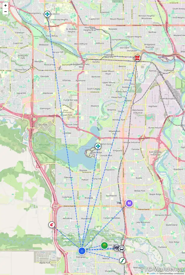 Daily accessibility map for 1125 2330 FISH CREEK BV SW, Calgary showing nearby schools, grocery stores, parks, LRT stations and nearby amenities