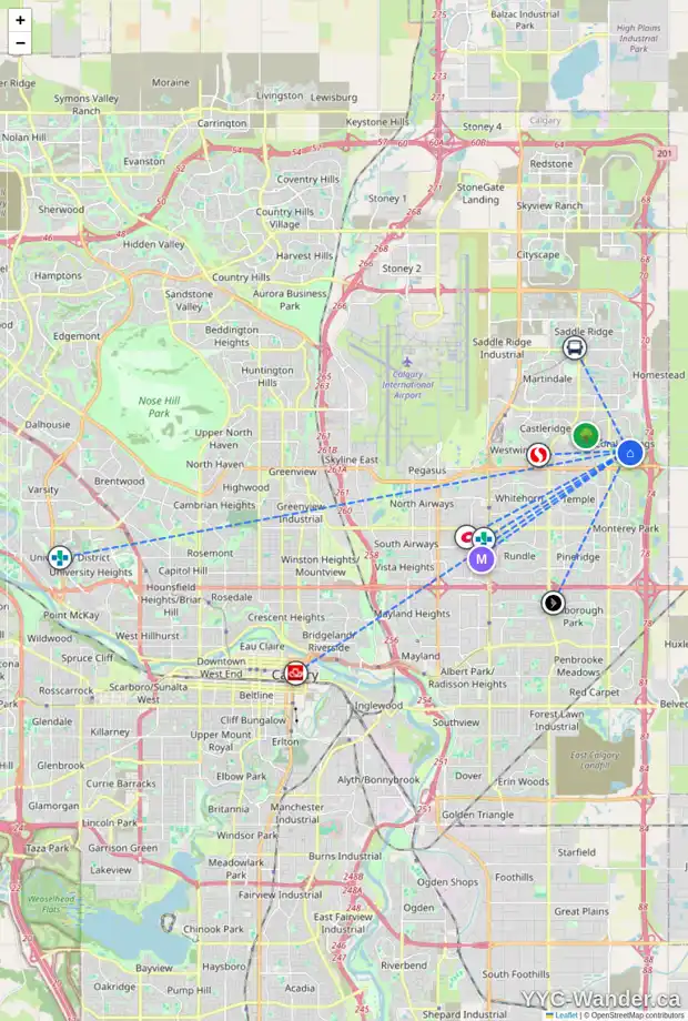 Daily accessibility map for 165 CORAL SPRINGS LD NE, Calgary showing nearby schools, grocery stores, parks, LRT stations and nearby amenities
