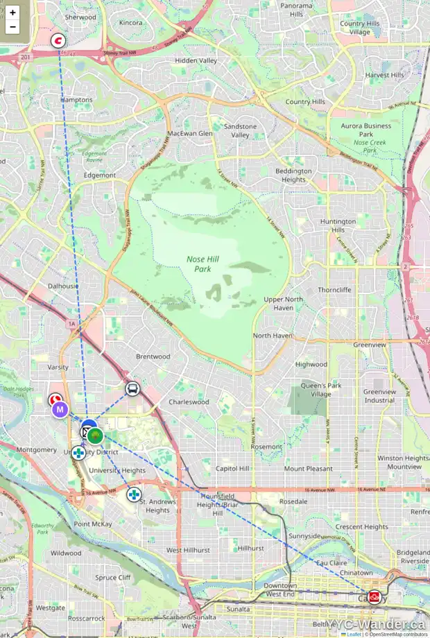 Daily accessibility map for 306 3130 THIRSK ST NW, Calgary showing nearby schools, grocery stores, parks, LRT stations and nearby amenities