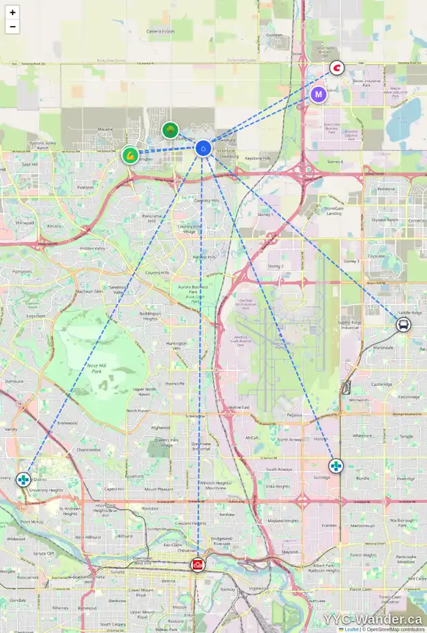 Daily accessibility map for 689 LIVINGSTON WY NE, Calgary showing nearby schools, grocery stores, parks, LRT stations and nearby amenities