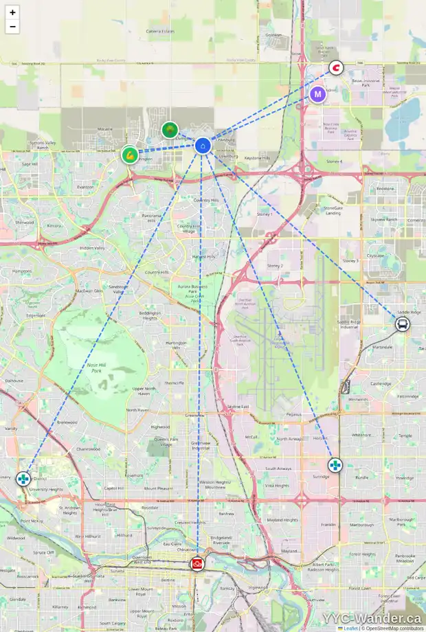 Daily accessibility map for 656 LIVINGSTON WY NE, Calgary showing nearby schools, grocery stores, parks, LRT stations and nearby amenities