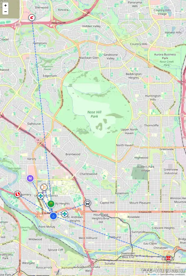 Daily accessibility map for 3714 8 AV NW, Calgary showing nearby schools, grocery stores, parks, LRT stations and nearby amenities
