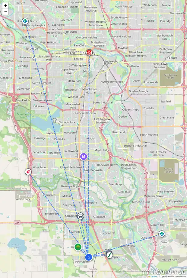 Daily accessibility map for 100 CREEKSIDE BV SW, Calgary showing nearby schools, grocery stores, parks, LRT stations and nearby amenities