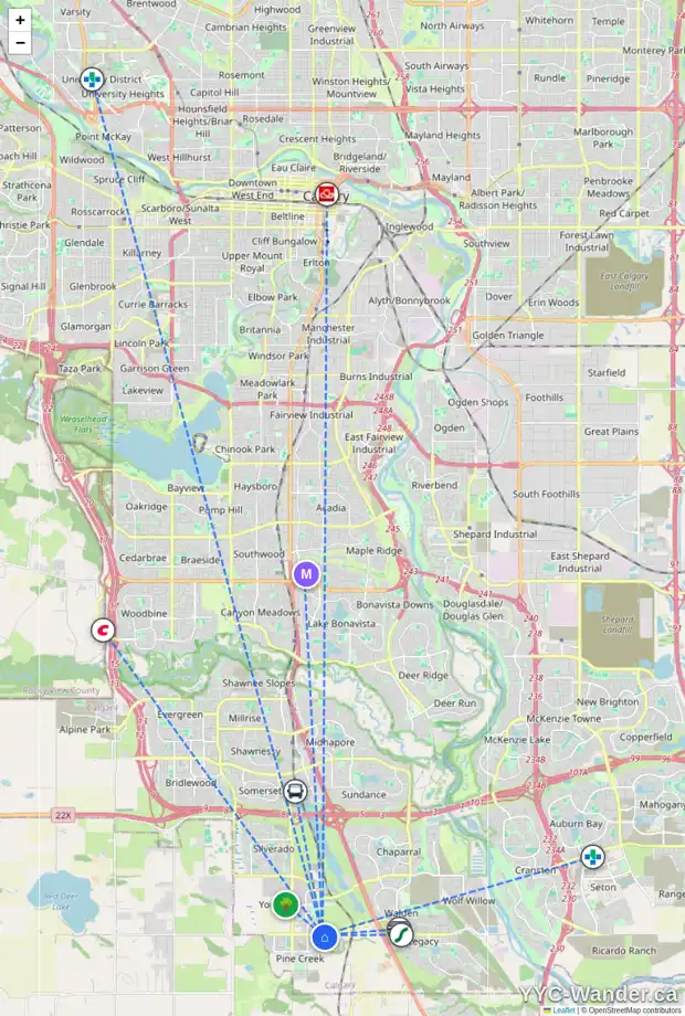 Daily accessibility map for 4 CREEKSIDE BV SW, Calgary showing nearby schools, grocery stores, parks, LRT stations and nearby amenities