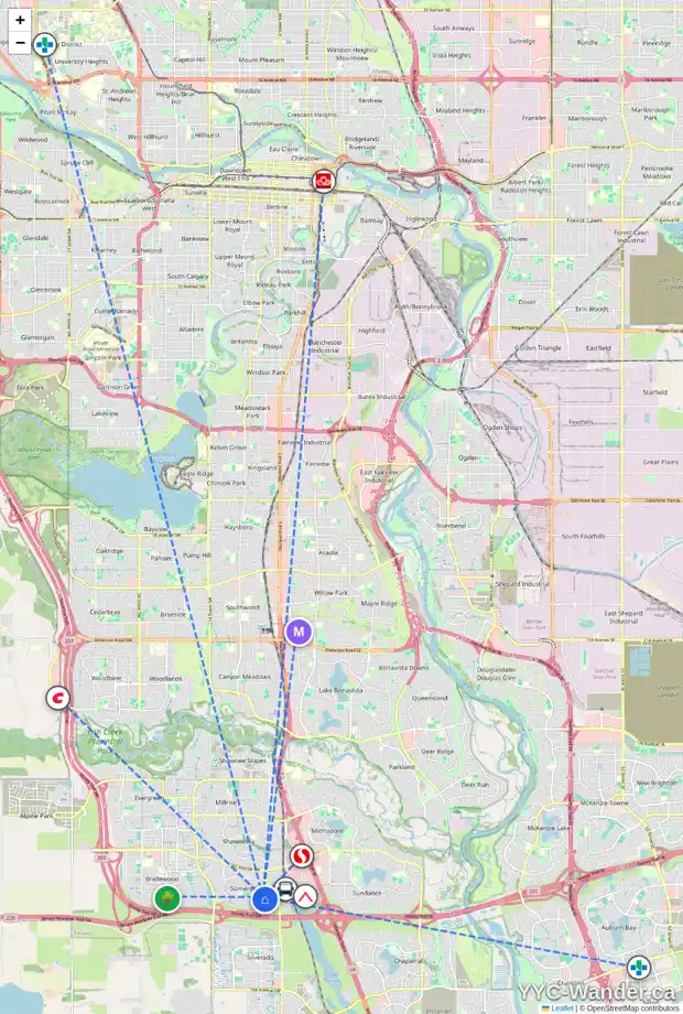 Daily accessibility map for 895 SOMERSET DR SW, Calgary showing nearby schools, grocery stores, parks, LRT stations and nearby amenities