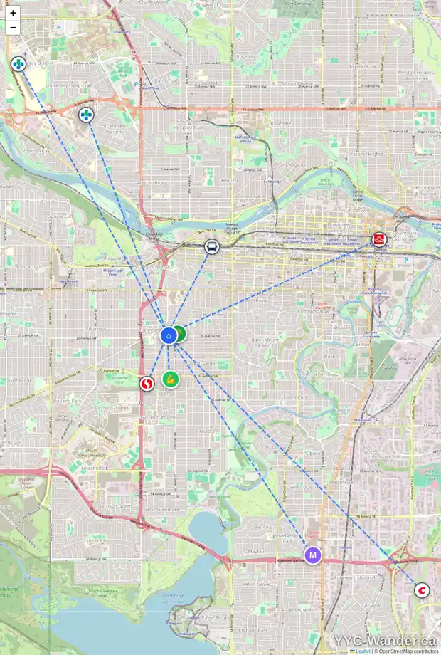 Daily accessibility map for 2134 26 AV SW, Calgary showing nearby schools, grocery stores, parks, LRT stations and nearby amenities