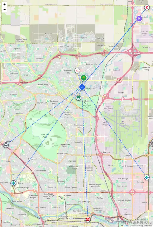 Daily accessibility map for 361 COUNTRY HILLS PL NW, Calgary showing nearby schools, grocery stores, parks, LRT stations and nearby amenities