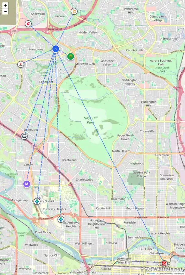 Daily accessibility map for 104 HAMPSTEAD ME NW, Calgary showing nearby schools, grocery stores, parks, LRT stations and nearby amenities