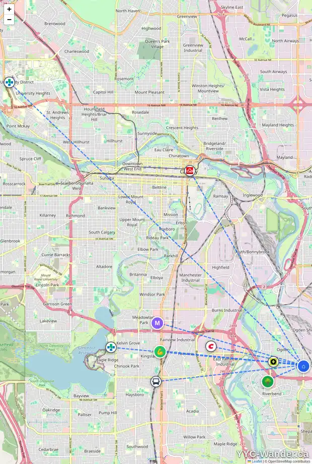 Daily accessibility map for 7647 OGDEN RD SE, Calgary showing nearby schools, grocery stores, parks, LRT stations and nearby amenities