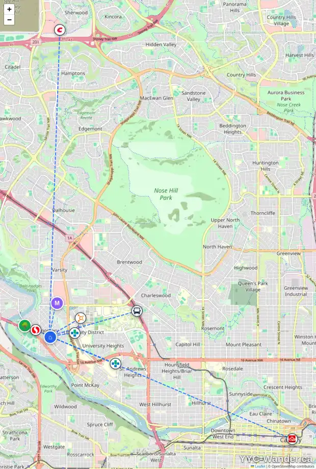 Daily accessibility map for 4707 19 AV NW, Calgary showing nearby schools, grocery stores, parks, LRT stations and nearby amenities