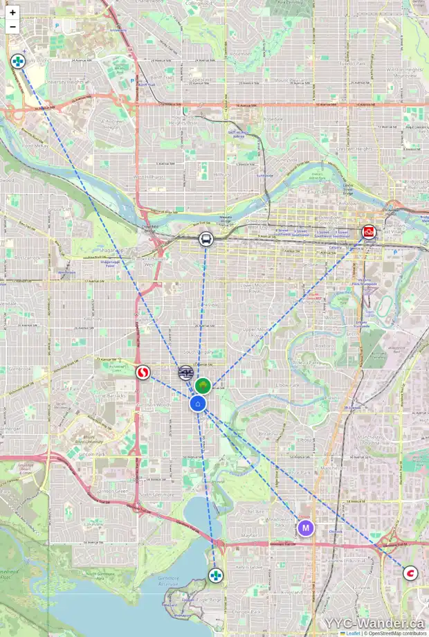 Daily accessibility map for 4109 16A ST SW, Calgary showing nearby schools, grocery stores, parks, LRT stations and nearby amenities