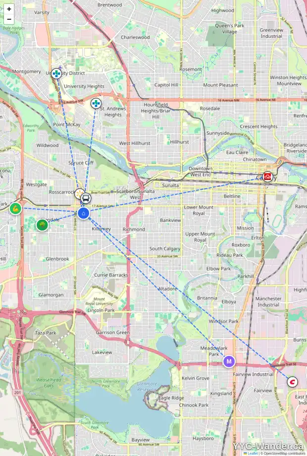 Daily accessibility map for 2002 35 ST SW, Calgary showing nearby schools, grocery stores, parks, LRT stations and nearby amenities