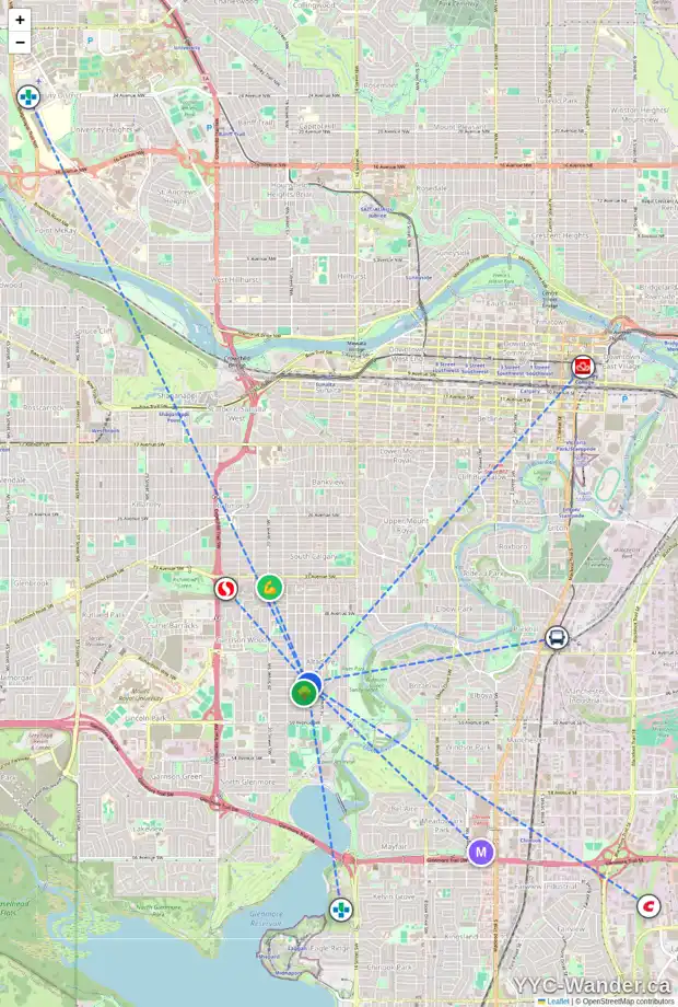 Daily accessibility map for 4616 17 ST SW, Calgary showing nearby schools, grocery stores, parks, LRT stations and nearby amenities
