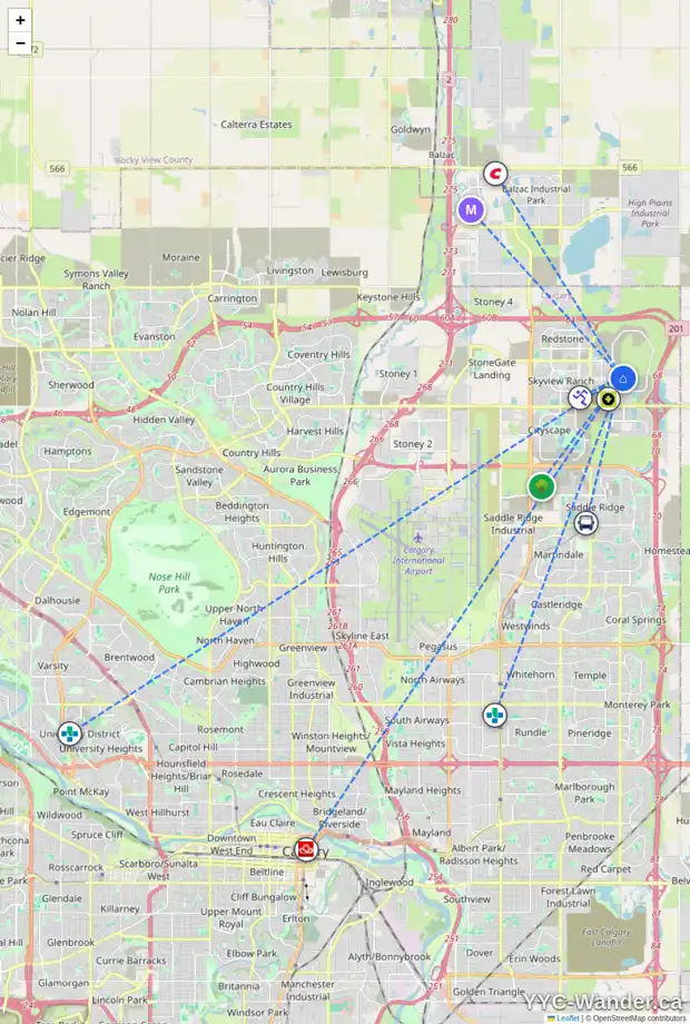 Daily accessibility map for 520 CORNERSTONE AV NE, Calgary showing nearby schools, grocery stores, parks, LRT stations and nearby amenities
