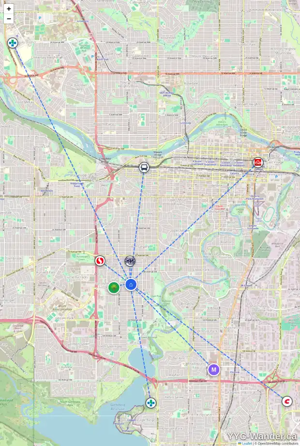 Daily accessibility map for 4121 18 ST SW, Calgary showing nearby schools, grocery stores, parks, LRT stations and nearby amenities