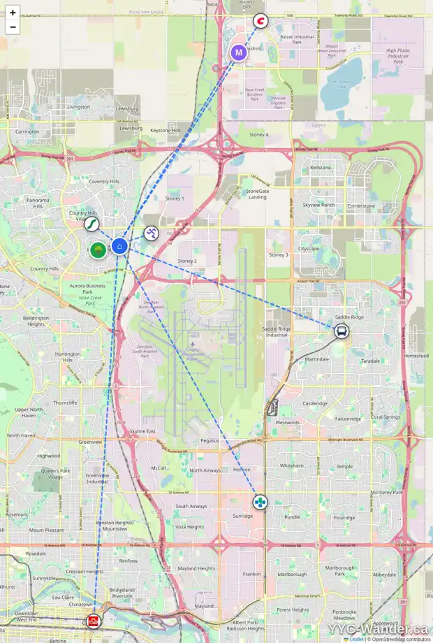 Daily accessibility map for 168 HARVEST HILLS WY NE, Calgary showing nearby schools, grocery stores, parks, LRT stations and nearby amenities