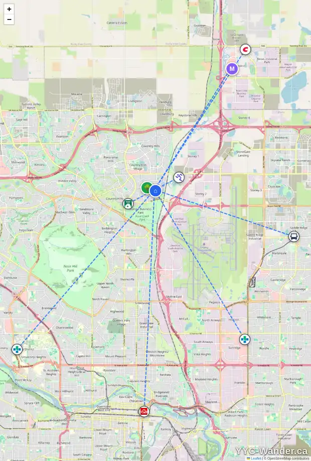 Daily accessibility map for 16 HARVEST HILLS WY NE, Calgary showing nearby schools, grocery stores, parks, LRT stations and nearby amenities