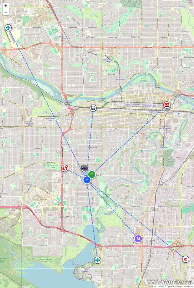 Daily accessibility map for 4009 17 ST SW, Calgary showing nearby schools, grocery stores, parks, LRT stations and nearby amenities