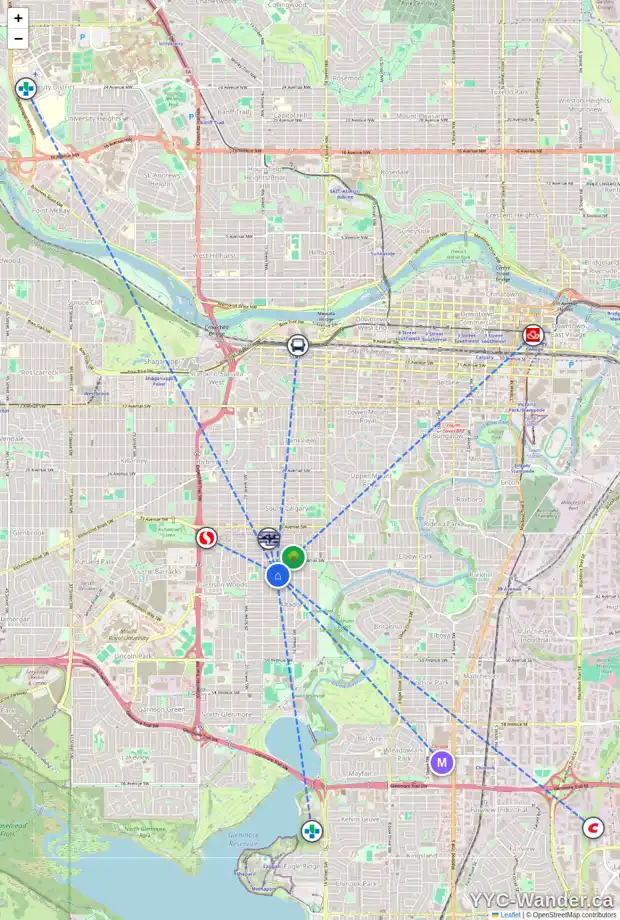 Daily accessibility map for 4011 17 ST SW, Calgary showing nearby schools, grocery stores, parks, LRT stations and nearby amenities