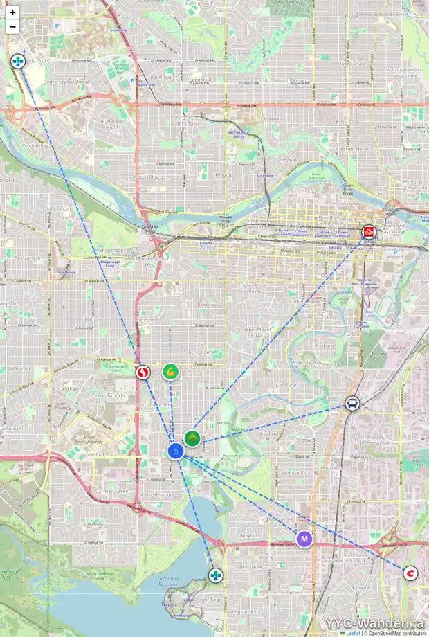 Daily accessibility map for 2034 49 AV SW, Calgary showing nearby schools, grocery stores, parks, LRT stations and nearby amenities