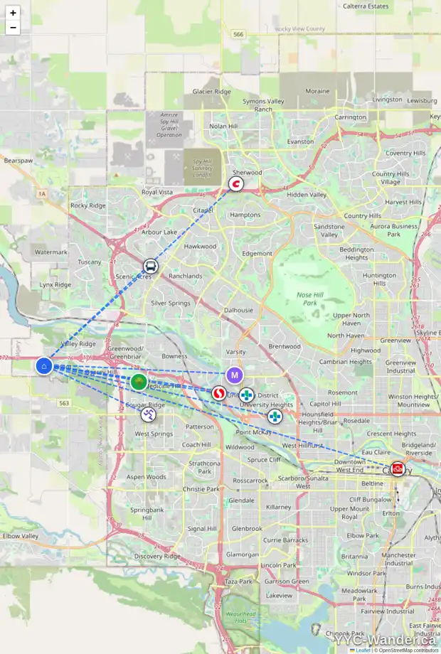 Daily accessibility map for 46 CRESTRIDGE BA SW, Calgary showing nearby schools, grocery stores, parks, LRT stations and nearby amenities