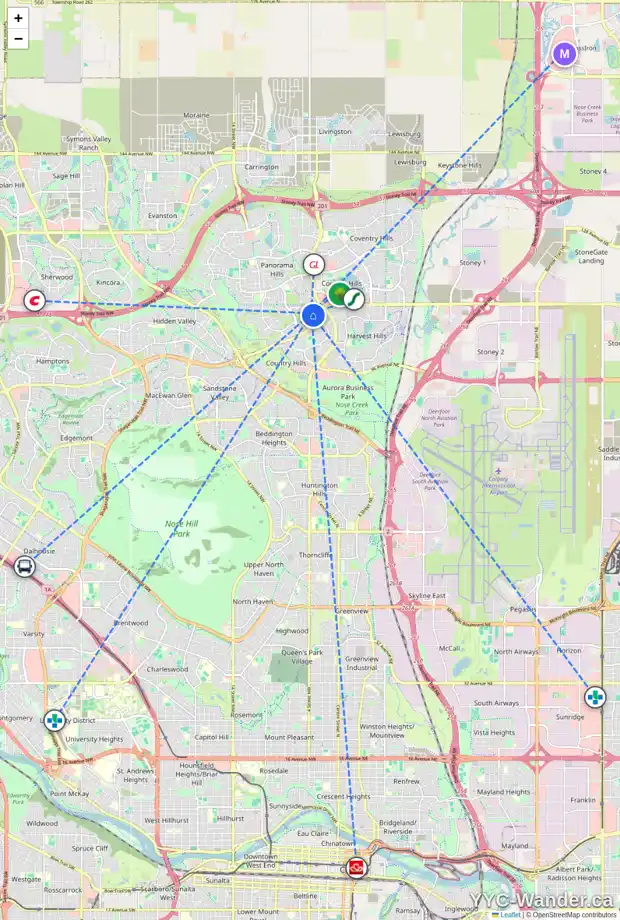 Daily accessibility map for 15 PANORAMA HILLS CR NW, Calgary showing nearby schools, grocery stores, parks, LRT stations and nearby amenities