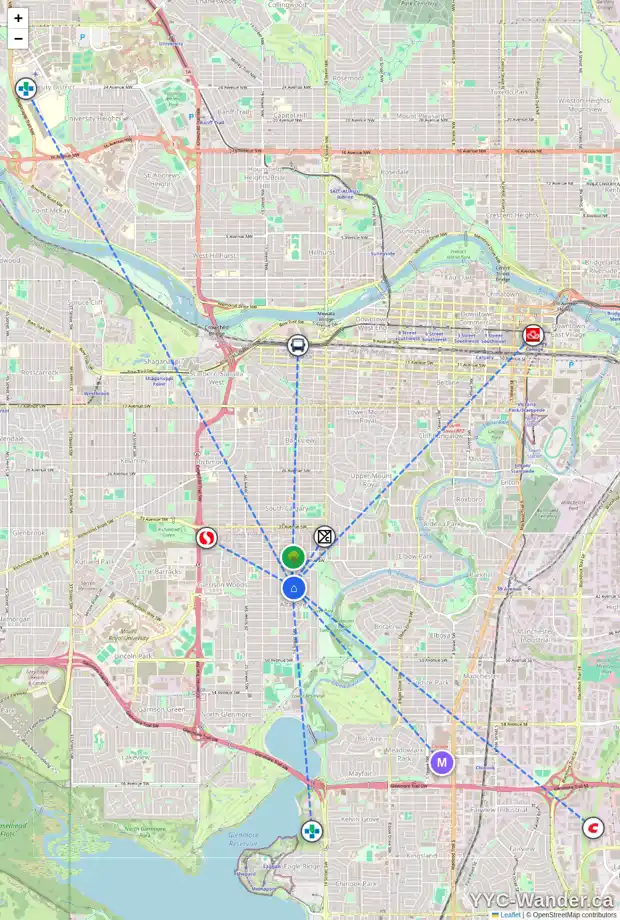 Daily accessibility map for 1706 41 AV SW, Calgary showing nearby schools, grocery stores, parks, LRT stations and nearby amenities