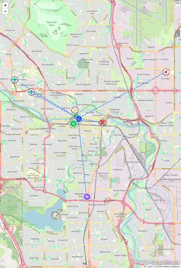 Daily accessibility map for 933 5 AV SW, Calgary showing nearby schools, grocery stores, parks, LRT stations and nearby amenities