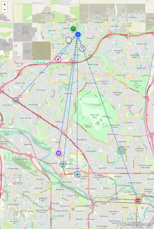Daily accessibility map for 67 SAGE MEADOWS CI NW, Calgary showing nearby schools, grocery stores, parks, LRT stations and nearby amenities