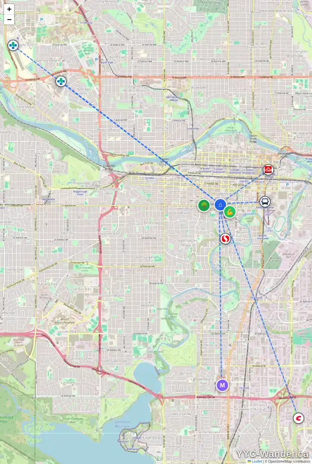 Daily accessibility map for 1515 5 ST SW, Calgary showing nearby schools, grocery stores, parks, LRT stations and nearby amenities