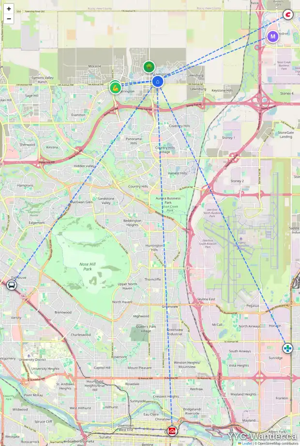 Daily accessibility map for 120 LIVINGSTON CM NE, Calgary showing nearby schools, grocery stores, parks, LRT stations and nearby amenities