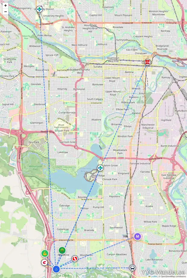 Daily accessibility map for 244 WOODHAVEN BA SW, Calgary showing nearby schools, grocery stores, parks, LRT stations and nearby amenities