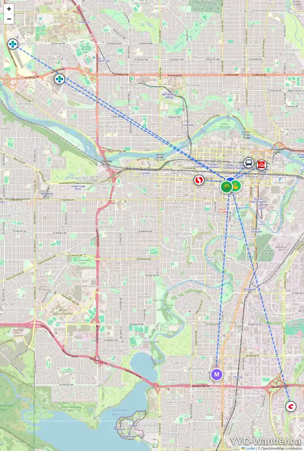 Daily accessibility map for 905 310 12 AV SW, Calgary showing nearby schools, grocery stores, parks, LRT stations and nearby amenities